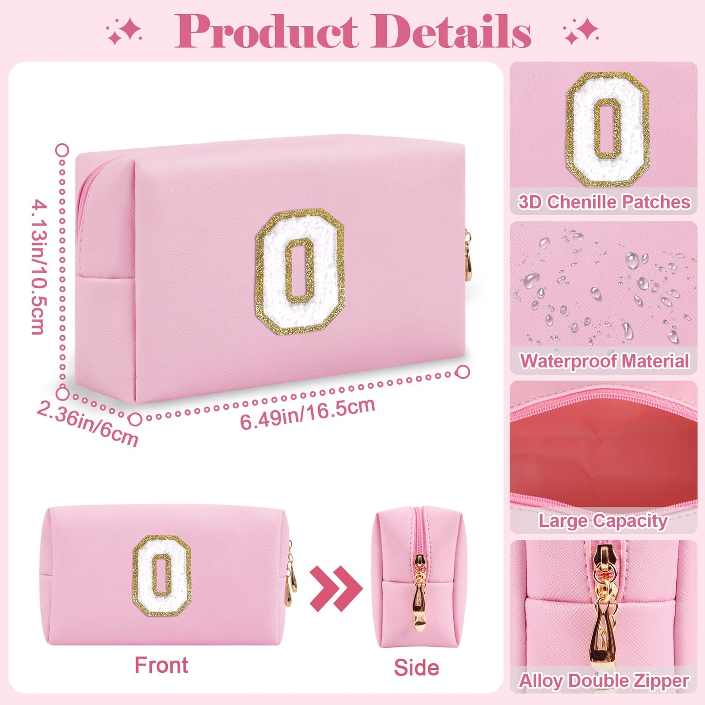 2Pack Personalized Initial Letter Patch Makeup Bag,Pink Preppy Cosmetic Bag with Small Makeup Brush Bag,Cute Waterproof PU Travel Toiletry Pouch,Gift Ideal for Her Birthday Friend Mom Teacher,Letter O