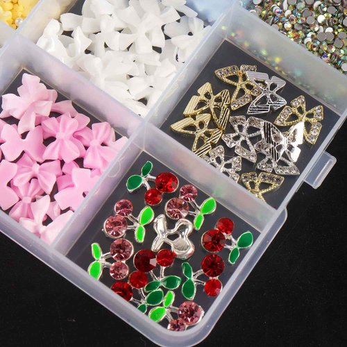Rungang 3200PCS 3D Nail Charms Set – Bulk Bow Nail & Flower Nail Charm, Flatback Pearls, Shiny Nail Jewels Gems for DIY Nail Art Decoration with Pickup Tools
