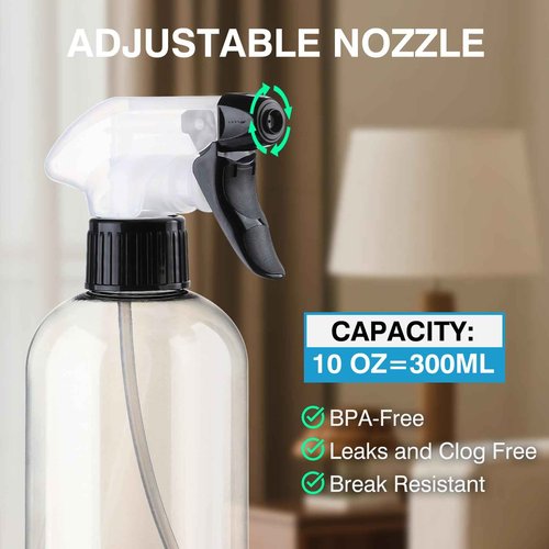 KREMORV Spray Bottles BPA free Plastic Spray Bottle 10oz/300ml Adjustable Sprayer Empty Refillable Container Mist Stream for Watering Plants, Pet Training, Kitchen Cleaning