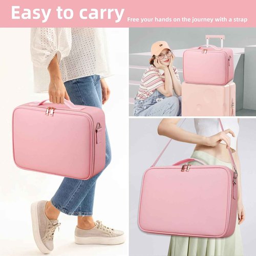 saiggnyy 15"×11" Large Pink Makeup Bag with Mirror, Personal Item Travel Bag with Makeup Mirror 3 Lights, Waterproof Train Case with Mirror and Adjustable Dividers,Professional Lighted Makeup Case