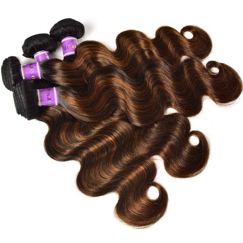 UNice Ombre Brown Highlight Body Wave Human Hair Weave 1 bundle 10 inch, Brazilian Remy Hair Dark Root Blonde Human Hair Weaves Extension Piano Color TFB30