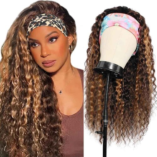 YiweYowe 24 Inch P1B27 Highlight Headband Wig Human Hair 150% Density Grade 8A Unprocessed Brazilian Virgin Hairs Machine Made Blonde Deep Wave Headband Wig Human Hair For Woman