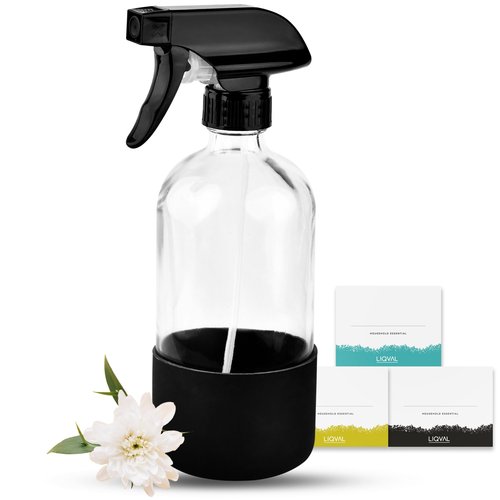 LIQVAL 16oz Empty Glass Spray Bottle with Silicone Sleeve Protection - Refillable Containers for Cleaning Solutions, Essential Oils, Misting Plants - Including 2 Sprayers (Clear, 1 PACK)