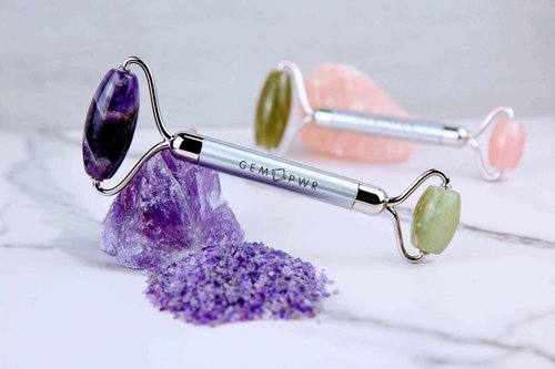 GEM PWR Amethyst + Jade Roller for Face and Neck Massage, Dual Gemstones with Durable Steel Handle and Travel Bag. Minimize Wrinkles, Reduce Puffiness and Restore Skin's Elasticity and Radiance