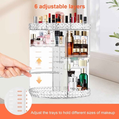 360 Rotating Makeup Organizer for Vanity + Makeup Brush Holder,Perfume Organizer with 6 DIY Adjustable Layer,Large Capacity Skincare Organizers,Lazy Susan Make up Organizer for Bedroom Dresser,Clear