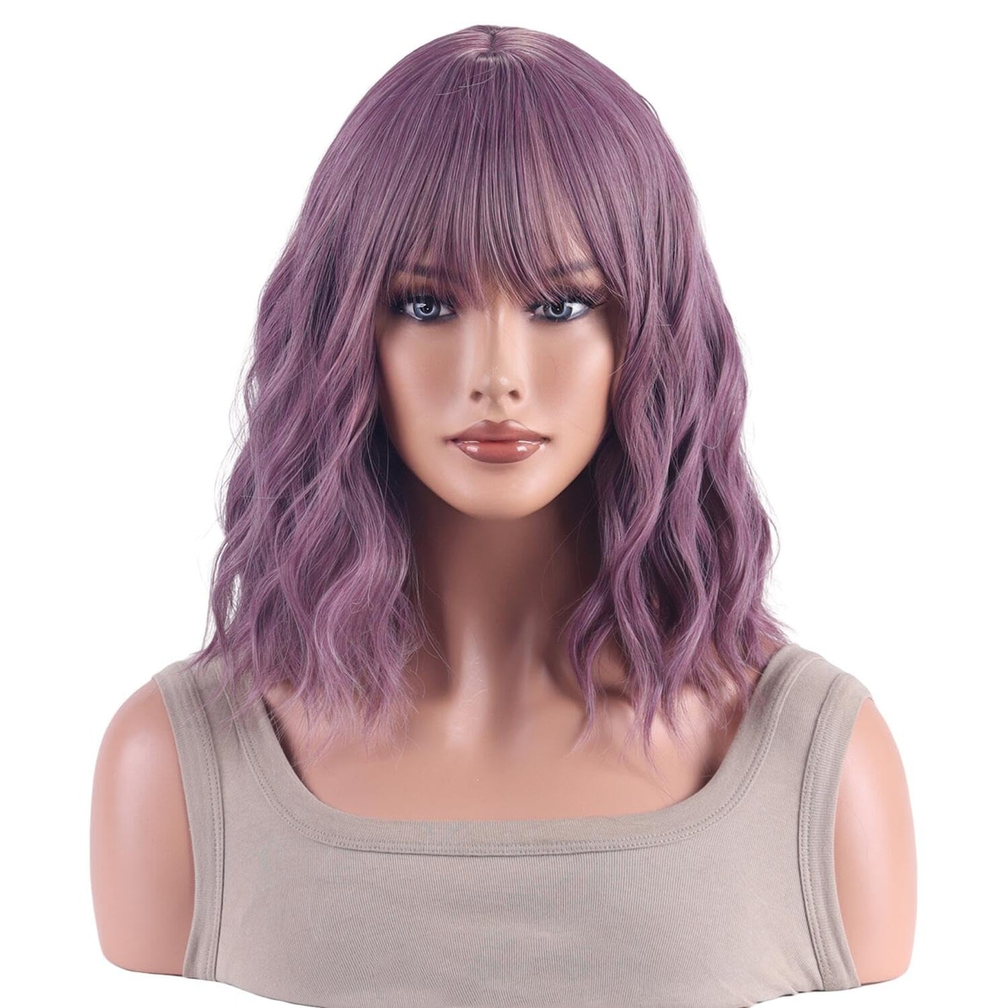 AneShe Purple Wig Short Purple Wavy Bob Wig for Women Curly Synthetic Hair Wig With Air Bangs Shoulder Length Colored Costume Wigs for Party Cosplay (14" Taro Purple)