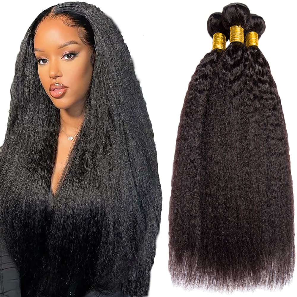 Kinky Straight Human Hair Bundles 10 12 14 Inch Natural Color Unprocessed Brazilian Virgin Hair 8A Grade Kinky Straight Bundles Human Hair Double Weft Weave Extensions Hair Soft And Healthy