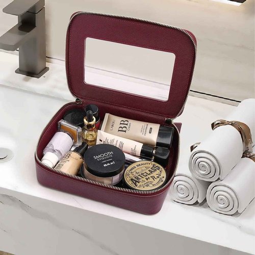 Pinkmik Clear Makeup Bag for Women Waterproof Travel Makeup Case Portable Cosmetic Case Toiletry Bag Car Organizer with Zipper (X/Burgundy, L)