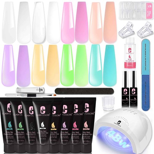 Clara Colors Polygel Extension Gel Nail Kit - 8 Colors Polygel Nail Kit with 48W Power Nail Lamp Nude Clear White Pink All In One Polygel Nail Kit Starter Kit for Beginners with Slip Solution and Tool