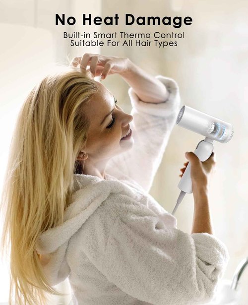 Travel Hair Dryer, Dual Voltage with Auto-Sensing, 1B Plasma Particles, 200times/s Temp Control, Portable Blow Dryer with Single-Sided Comb, White