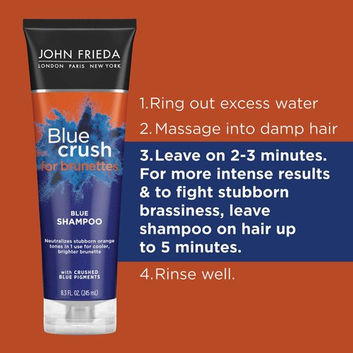 John Frieda Blue Crush Blue Shampoo for Brunettes, Crush Brassy Hair Tones for Brunettes, 8.3 oz (2 Pack)