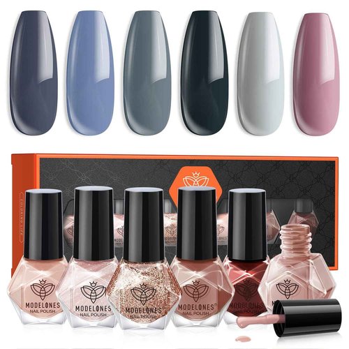 modelones Nail Polish, 6 Colors Black Quick Dry Mini Starter Kit, Long Lasting Art DIY Manicure Set at Home for Women Girls