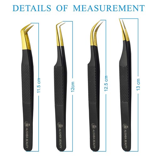 BEAUTICS Alishba Beauty Eyelash Extension Tweezers, Precision Fiber Tip Grip Japanese Stainless Steel Profiessional (Set of 4 Eyelash Tweezer) (BLACK GOLD)