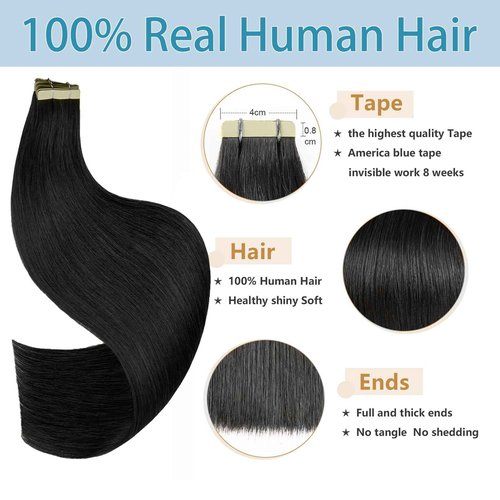 Tape in Hair Extensions Human Hair 14Inch Natural Black Color 20Pcs 50G/Pack Straight Seamless Weft Skin Invisible Thick 100% Real Black Human Hair Tape In Extensions