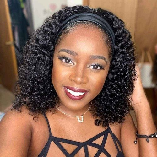 Rebasar Headband Wigs Human Hair 10 Inch Glueless Short Curly Headband Wigs for Black Women Human Hair None Lace Front Wear and Go Wigs Natural Black