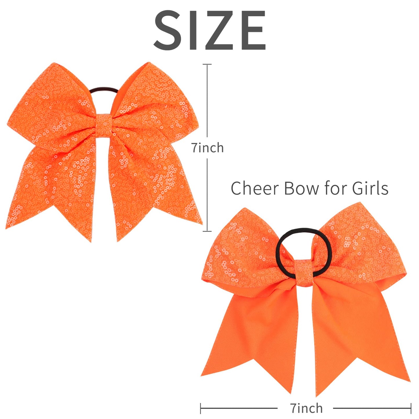 Oaoleer 12PCS 7" Large Glitter Cheer Hair Bows Ponytail Holder Elastic Band Handmade for Cheerleading Teen Girls College Sports (Sequin Orange 12PCS)