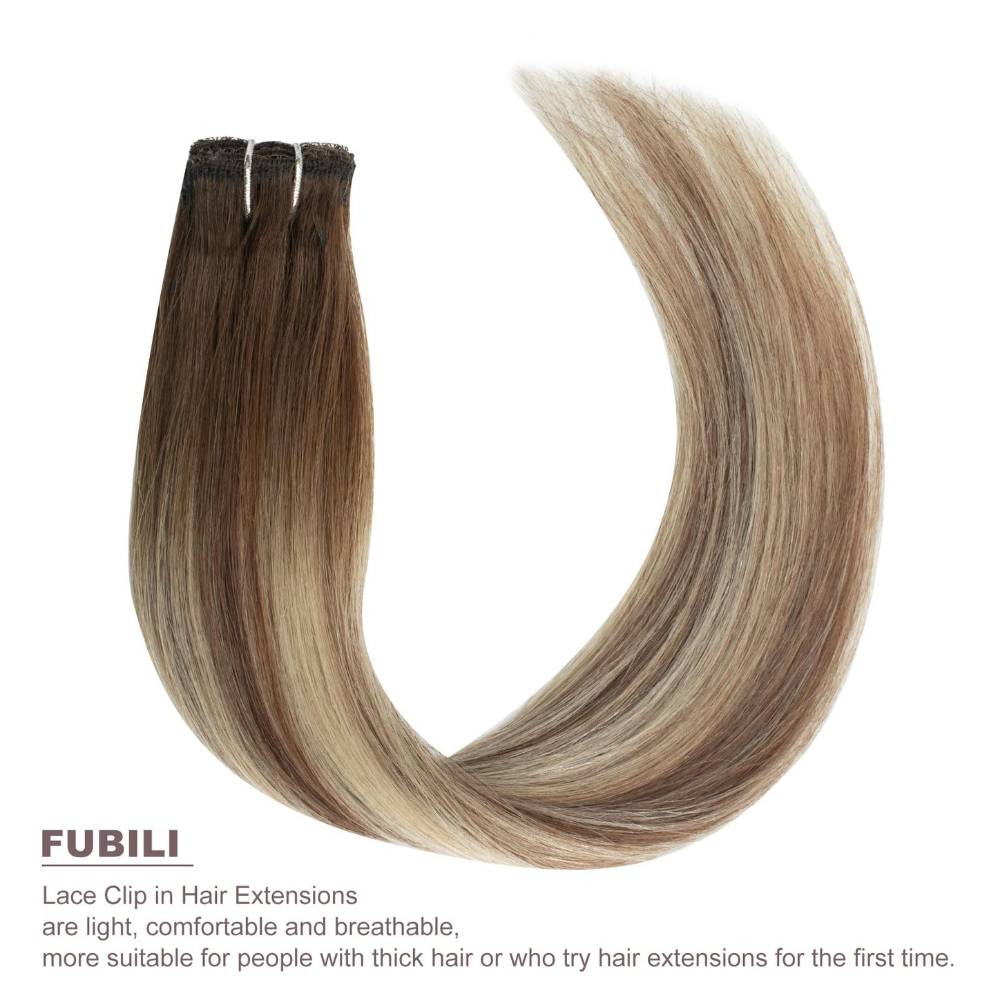 FUBILI Clip in Hair Extensions Walnut Brown to Ash Brown Mix Light Blonde Balayage Human Hair Extensions 100% Real Human Hair 14Inch 30g 5pcs