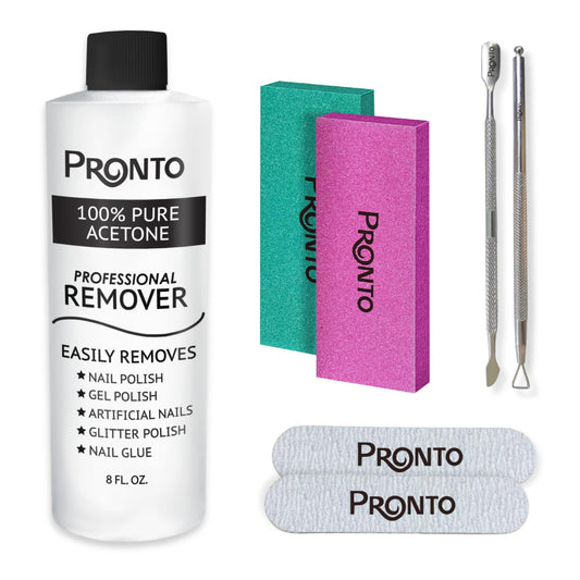 Pronto Acetone Nail Polish Remover 8 Fl Oz with Manicure Kit - Includes Nail File, Buffer, Pusher, Scraper - Pure Acetone 100 Percent - Quick & Professional Gel Acrylic Nail Remover Kit