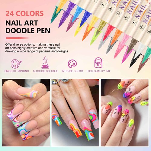 Ponhey 24 Colors Nail Art Pens Set, 3D Nail Polish Pens Quick-Drying Acrylic Paint Markers,For Nail Art Drawing Painting Nail Point Dotting Liner Pen, Nail Design Kit Manicure Tools Home & Salon DIY
