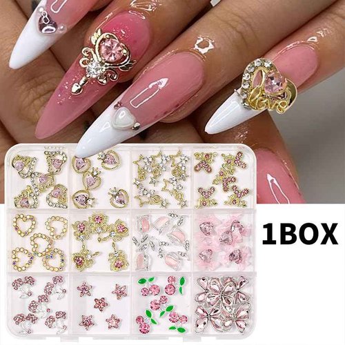 60 Pcs Nail Charms Y2k Alloy Nail Art Charms 3D Gold Heart Star Bow with Rhinestones Pink Cherry Tulips Nail Gems Shiny Jewelry Nail Decorations Accessories Supplies 3