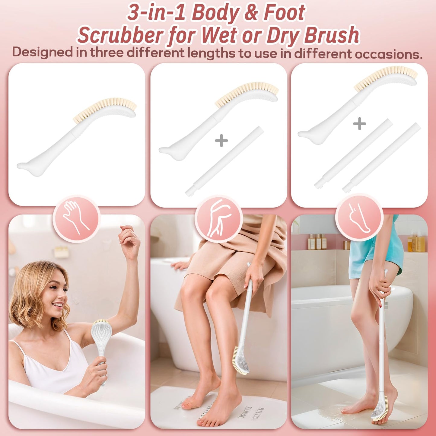 GEENOA New Foot Brush with Long Handle, 3-in-1 Foot Scrubber in Shower, 10.2’’-27.5’’Adjustable Foot Scrub Brush and Upgrade Foot File Callus Remover, Gift-Box Packaged(White+Foot File)