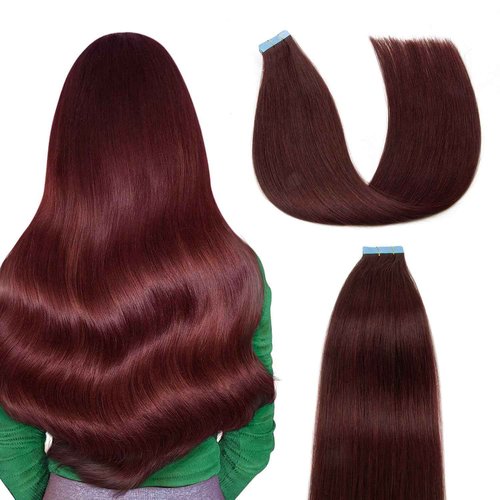 AGMITY Seamless Tape in Hair Extensions Human Hair #99j Burgundy 14 inches 20pcs 40g/pack Weft Skin Invisible Thick Tape in Hair Extensions Real Human Hair(14 inches #99j Burgundy)
