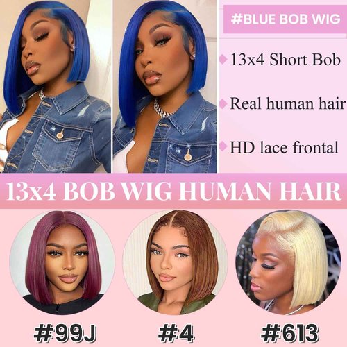 Valiilo 16 Inch Blue Bob Wig Human Hair 13x4 HD Lace Front Wigs Human Hair Pre Plucked with Baby Hair Glueless Bob Wig Human Hair 180% Density