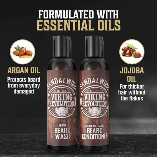 Viking Revolution Ultimate Conditioner for Men's Beard Grooming - Softens, Smoothes and Soothes Beard Itch- Contains Wash, Conditioner, Oil, Balm and Comb- Sandalwood Scent
