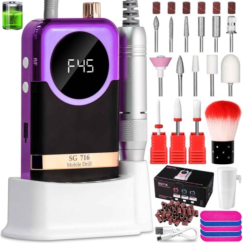 LIMEGIRL Professional Electric Nail Drill Kit 45000RPM Portable Cordless Toenail Cordless Toenail Machine with 14 Drill Bits and Base for Women (Purple)