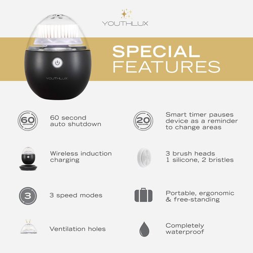 YOUTHLUX Pure Radiance, Vibrating Facial Cleansing Brush, Electric, 3 Modes, 3 Brush Heads (2 Bristle,1 Silicone), Waterproof, Rechargeable, Smart Timer, Exfoliating, Massage (Black)
