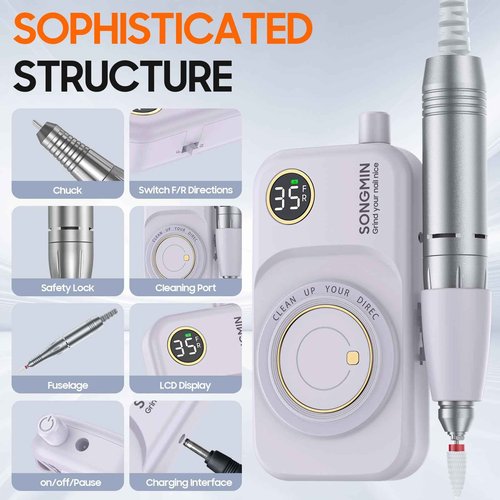 Professional Nail Drill 35000 RPM,SONGMIN Portable Cordless Efile with Bits Kit for Acrylic Nails Gel Polishing Removing,Rechargeable Electric Nail File Machine for Manicure,Pedicure Salon Home,Purple