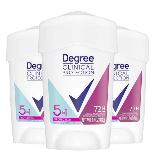 Degree Clinical Protection Antiperspirant Deodorant 5-in-1, Pack of 3, 72-Hour Sweat & Odor Protection 1.7 oz