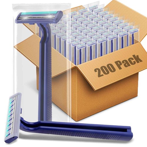 MAGDIY Disposable Razors Bulk for Men 200 Pack, Homeless Supplies Bulk, Twin Blade Mens Travel Supply Razor for Shaving, Safety Beard Shavers for Camping Bathing Hotel (Blue)