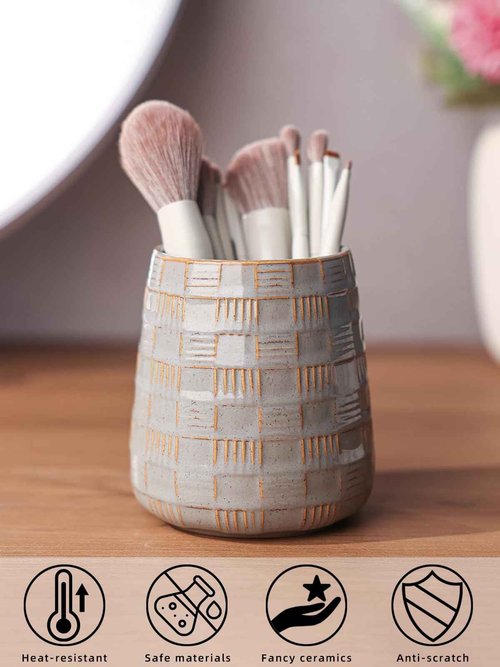 QUXIJA Ceramic Makeup Brush Holders, Bathroom Vanity and Countertop,Make up Brushes Cup for Cosmetics, Lipsticks, Bathroom Vanity Desktop Storage (Vintage Grey)