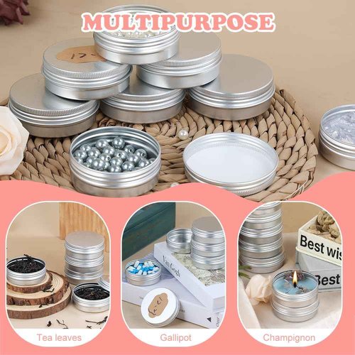 YQ 60 Pack 2oz Tins with Lids, Refillable Salve Tins, Thick 2 oz Tin with Labels, Screw Lid 2oz Tin, Aluminum Round Salve Containers, for Lotions, Balms, Salve, Candle(Silver)