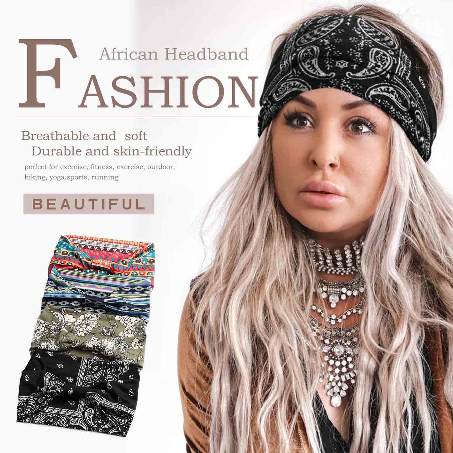 Acenail Wide Headbands Women Turban Knotted Headband Elastic Non Slip Hairbands African Head Bands Cotton Workout Head Wraps Bohemian Head Band Running Sports Hairband Yoga Head Scarfs Boho Hair Accessories for Women and Girls Pack of 4 (#5 Fashion)