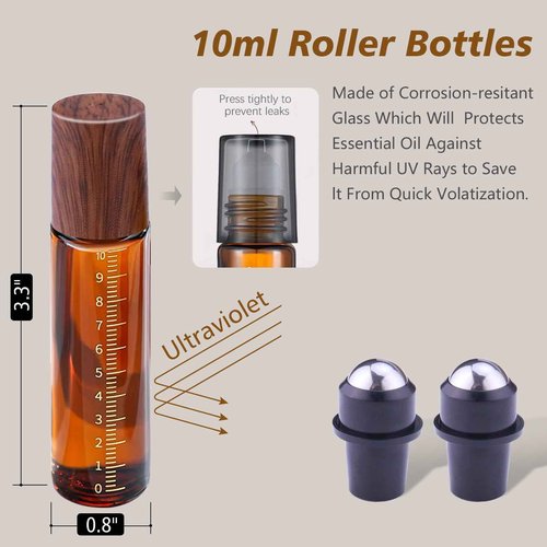 Matifaner 30pcs Essential Oil Roller Bottles, Amber Glass Roller Balls for Essential Oils, 10ml Empty Rollerball Bottles for Travel Refillable Roll on Perfume