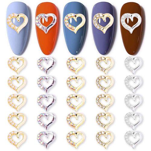 WOKOTO 30 Pcs 3D gold and Silver Heart Nail Charms and rhinestones for acrylic nails luxury Nail Heart Charms for Nail Art Jewels Valentines Day heart Nail Rhinestones for Nails Art Gems for Nails
