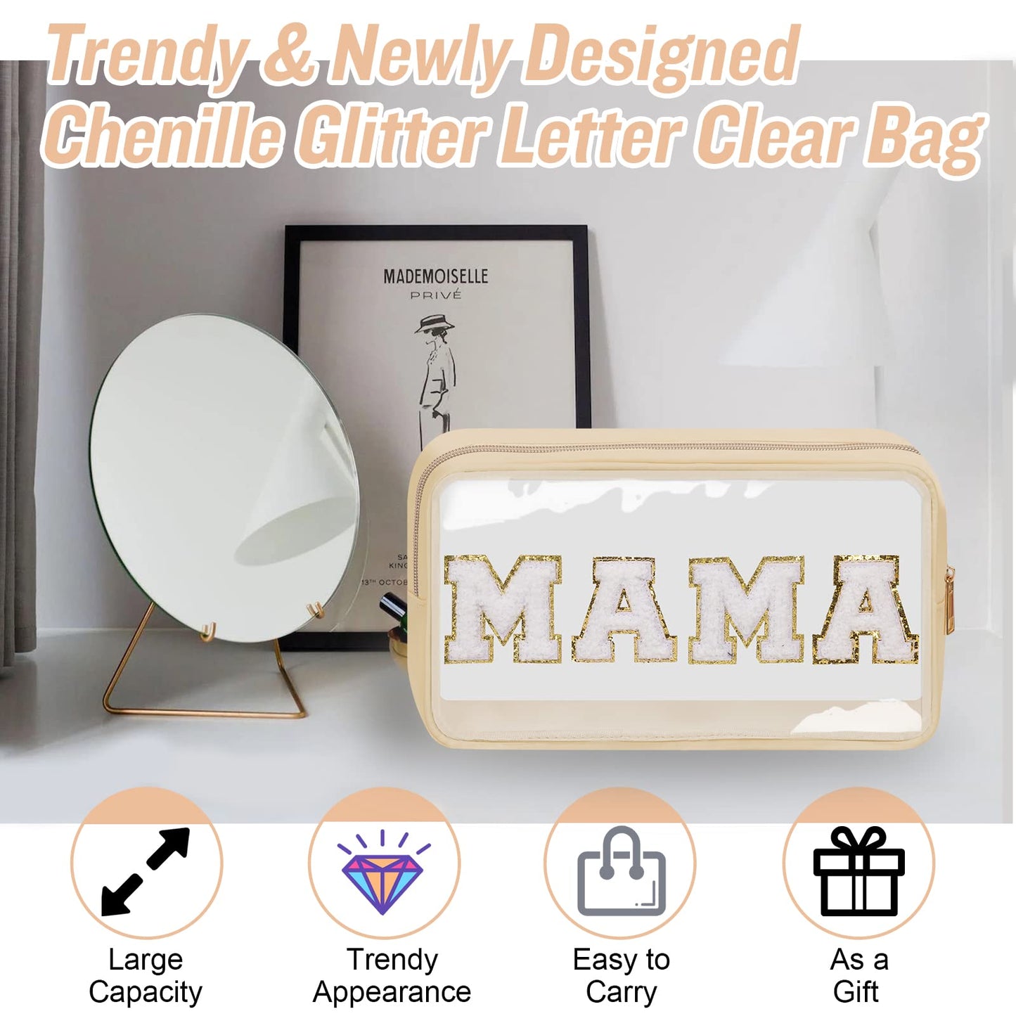 Chenille Letter Clear Makeup Bags Mama Pouch, Preppy Patch Makeup Bag with Zipper, Transparent PVC & Nylon Waterproof Portable Glitter Cosmetic Bag Travel Toiletry Storage for Women Girls(MAMA-Beige)