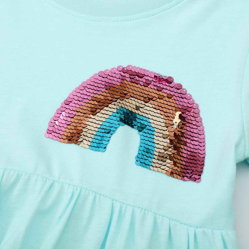 Hongshilian Toddler Girl Cotton Casual Dress Cartoon Appliques Short Sleeve Tunic Jersey Clothing(6T,Rainbow & Sequin)