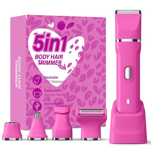 HOHOLE 5-in-1 Bikini Trimmer for Women, IPX7 Waterproof Electric Razors Shaver, Cordless Body Hair Trimmer, Facial & Pubic Hair Removal, Ceramic Blade (Magenta)