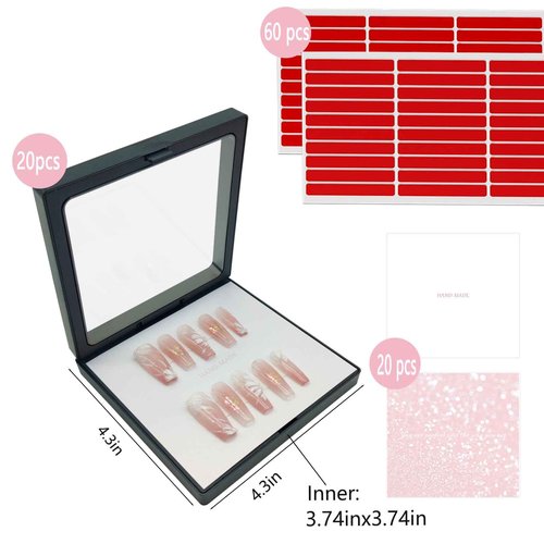 GUXACU Press On Nail Packaging Boxes - 3D Floating Storage and Display Box With 60pcs Double Sided Adhesive Tape for Nail Tech (Black, 4.3 Inch)