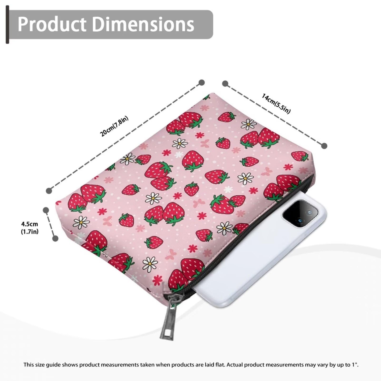 ELEDIZI Cute Makeup Pouch Strawberry Aesthetic Cosmetic Case for Teen Girls Pink Leather Toiletry Bag Waterproof Makeup Brush Bag Lipstick Travel Bag Zipper Clutch Purse for Phone and Keys Nice Gifts