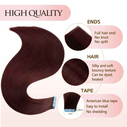 AGMITY Seamless Tape in Hair Extensions Human Hair #99j Burgundy 14 inches 20pcs 40g/pack Weft Skin Invisible Thick Tape in Hair Extensions Real Human Hair(14 inches #99j Burgundy)
