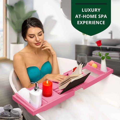 ROYAL CRAFT WOOD Luxury Bathtub Caddy Tray, One or Two Person Bath and Bed Tray, Bonus Free Soap Holder (Pink)
