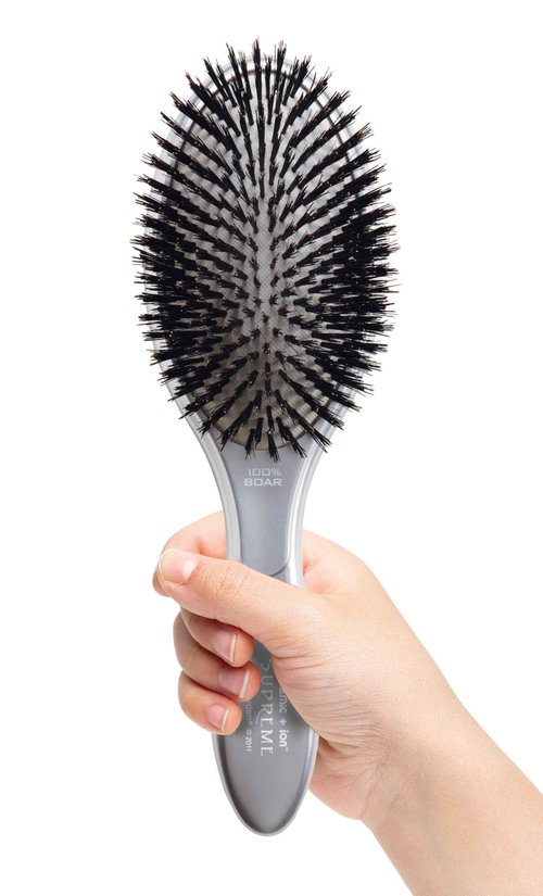 Olivia Garden Ceramic + Ion Supreme Styler Cushion Paddle Brush - Boar & Ionic for Shine, Frizz Control & Smoother Hair - 100% Boar Bristles - Silver