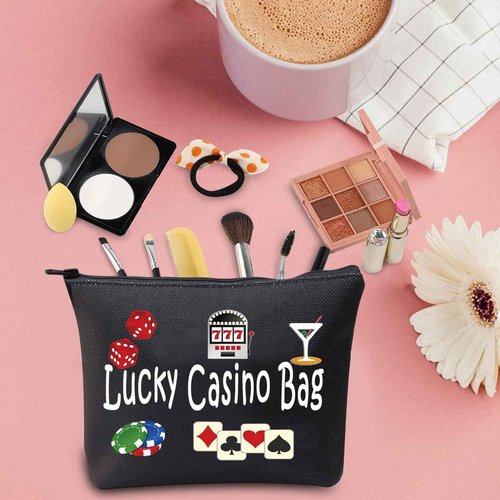 TSOTMO Casino Gamble Zipper Pouch Gift Lucky Casino Bag Gift For Gambler Casino Lover Gift Gambling Gift Slots Gift Dice Poker Chips Cosmetic Bag (Casino BLK)