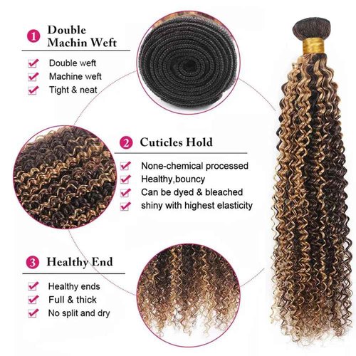 P427 Highlight Blonde Bundles Human Hair Brown Kinky Curly 3 Bundles 14 16 18 Inch Unprocessed Brazilian Virgin Remy Honey Blonde Bundle Kinky Curly Human Hair Extensions