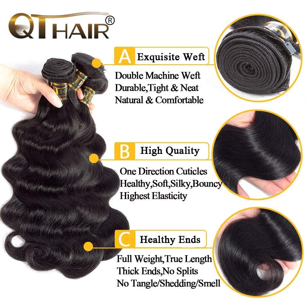 QTHAIR 14A Grade Brazilian Body Wave Human Hair Bundles with Closure Human Hair Weave with Closure (14" 16" 18" with 12") 100% Unprocessed Brazilian Virgin Hair 4x4 Swiss Lace Closure