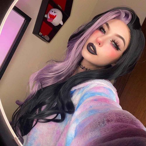 ZHYWIGS Synthetic Lace Front Wigs Long Highlight Purple Black Split Hair Heat Resistant Half Black Purple Side Part 24Inch Long Party Wigs